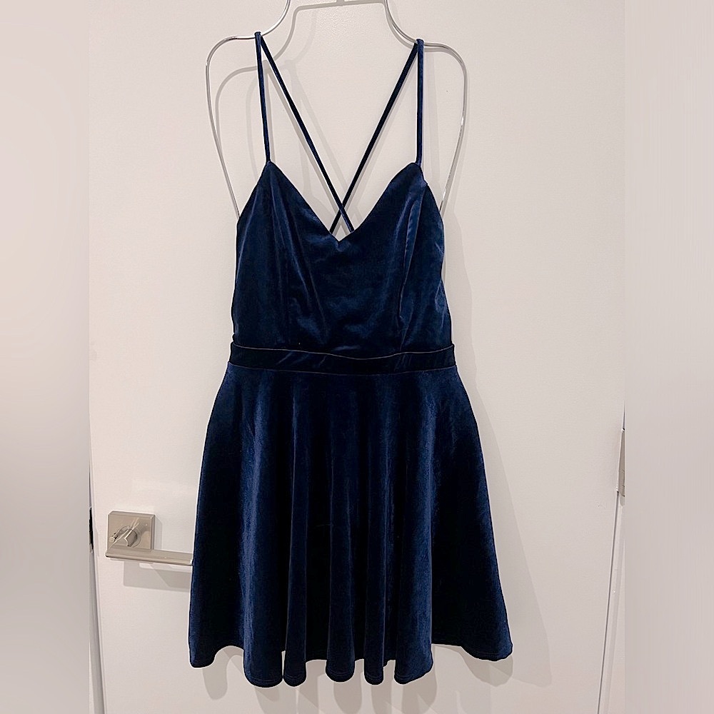 Urban Outfitters Dark Blue Velvet (velour) Skater Mini Dress
